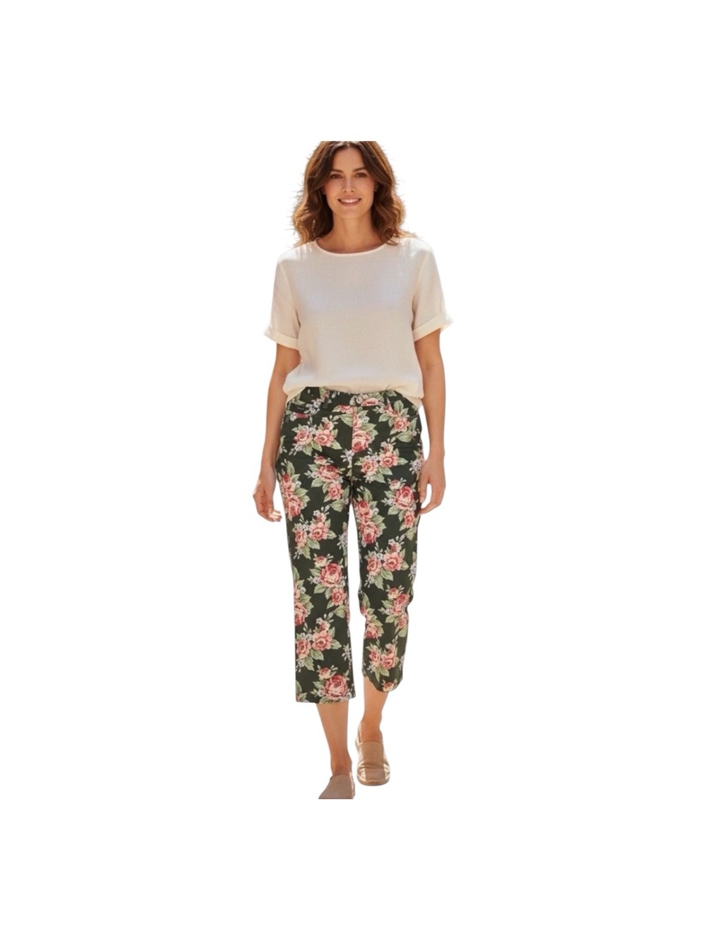 Women's High Waisted Floral Cropped Pants with Pink Rose Print Pockets 16W